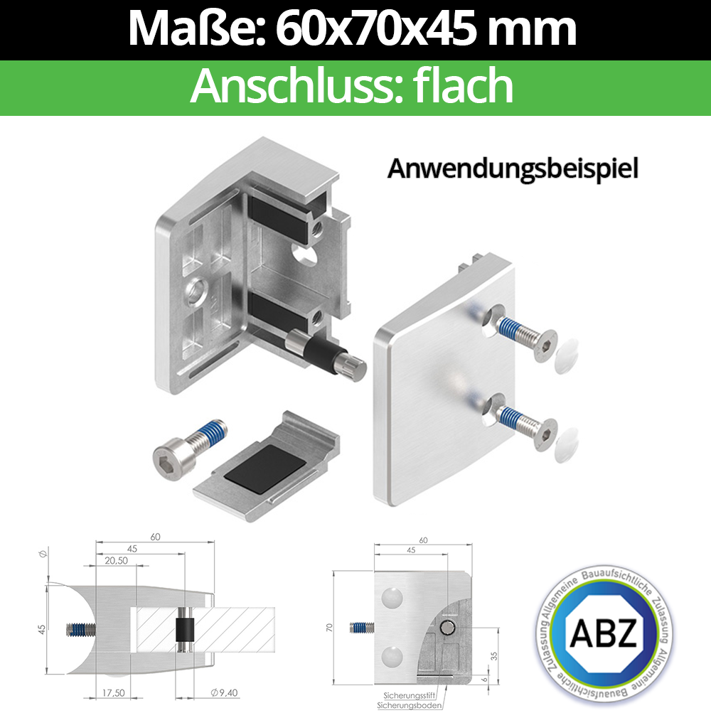 Glasklemme AbZ Maße: 60x70x45 mm für Anschluss  Flach | Ø 48,3 mm | 60,3 mm
