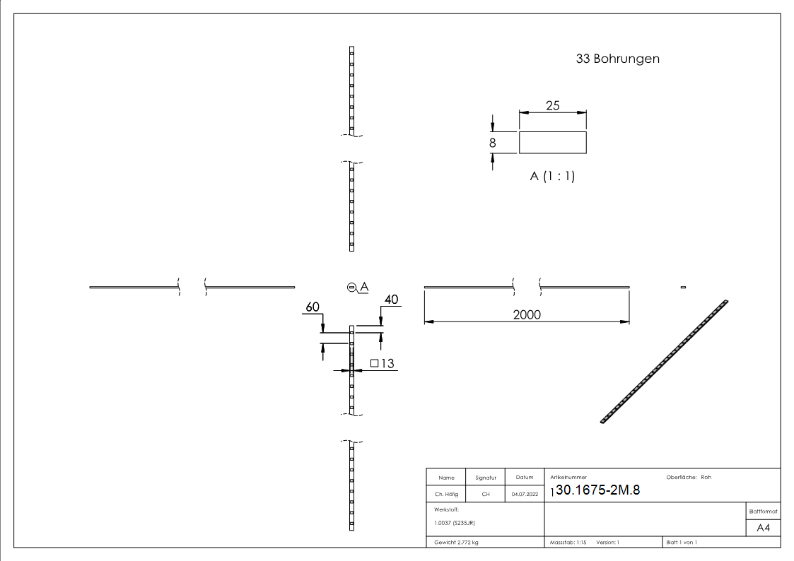 Gestanzte Stange | Maße: 25x8 mm | Länge: 2000 mm | Stahl S235JR, roh