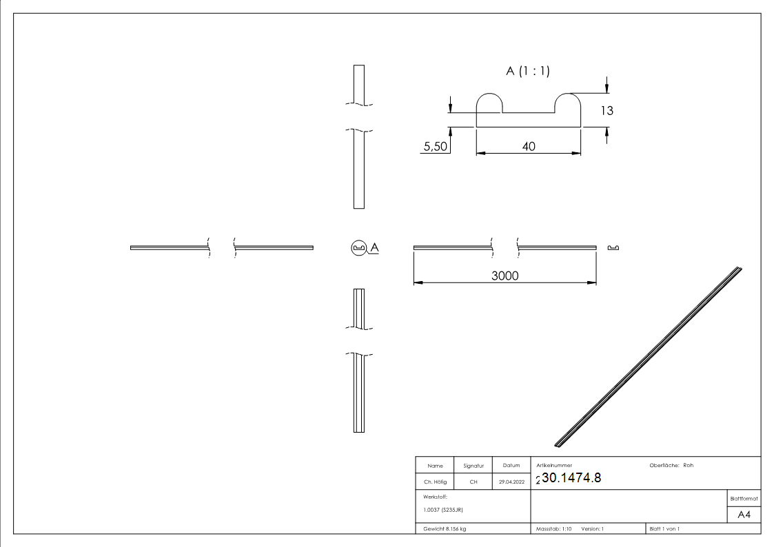 Hespeneisen | Material: 40x13x5,5 mm | Länge: 3000 mm | Stahl (Roh) S235JR