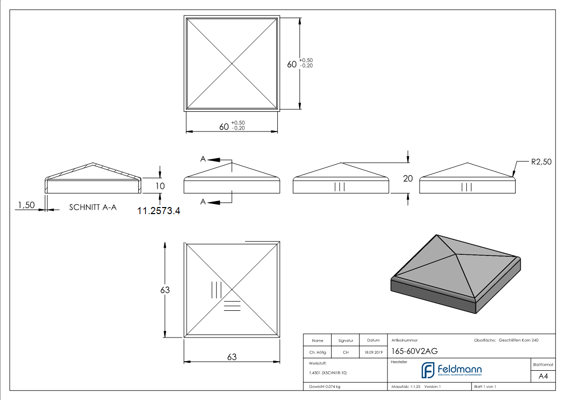 Pfostenkappe | für Vierkantrohr: 60x60 mm | V2A