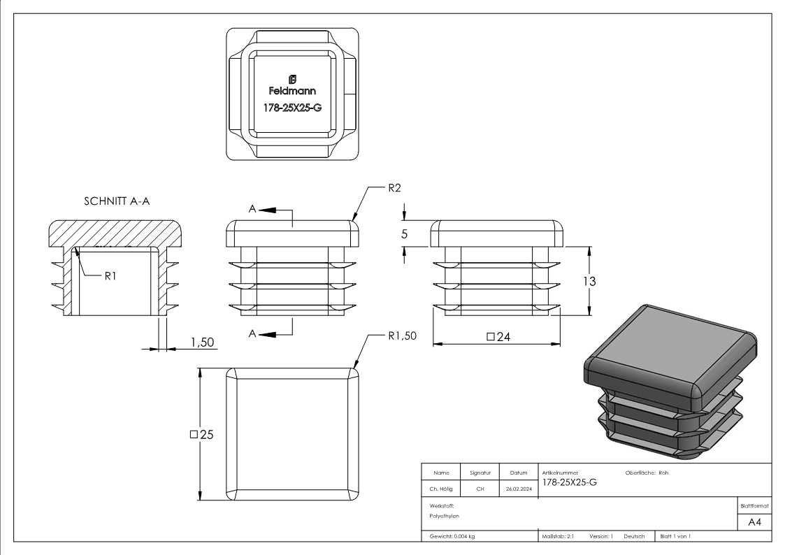 Kunststoffkappe für Quadratrohr 25x25mm