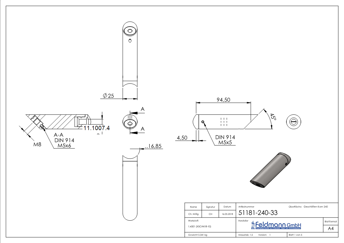 V2A Rohrabstandshalter 45° für Ø 33,7 mm