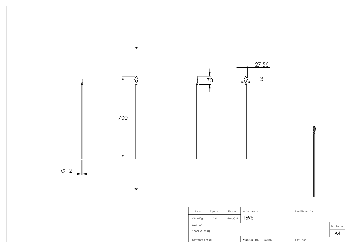 Zaunstab | Länge: 700 mm | Material Ø 12 mm + Spitze | Stahl S235JR, roh