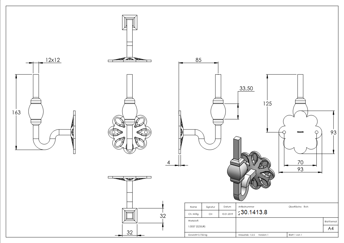 Handlaufhalter | mit Ronde 70x93 mm |  zum Anschweißen | Stahl S235JR, roh