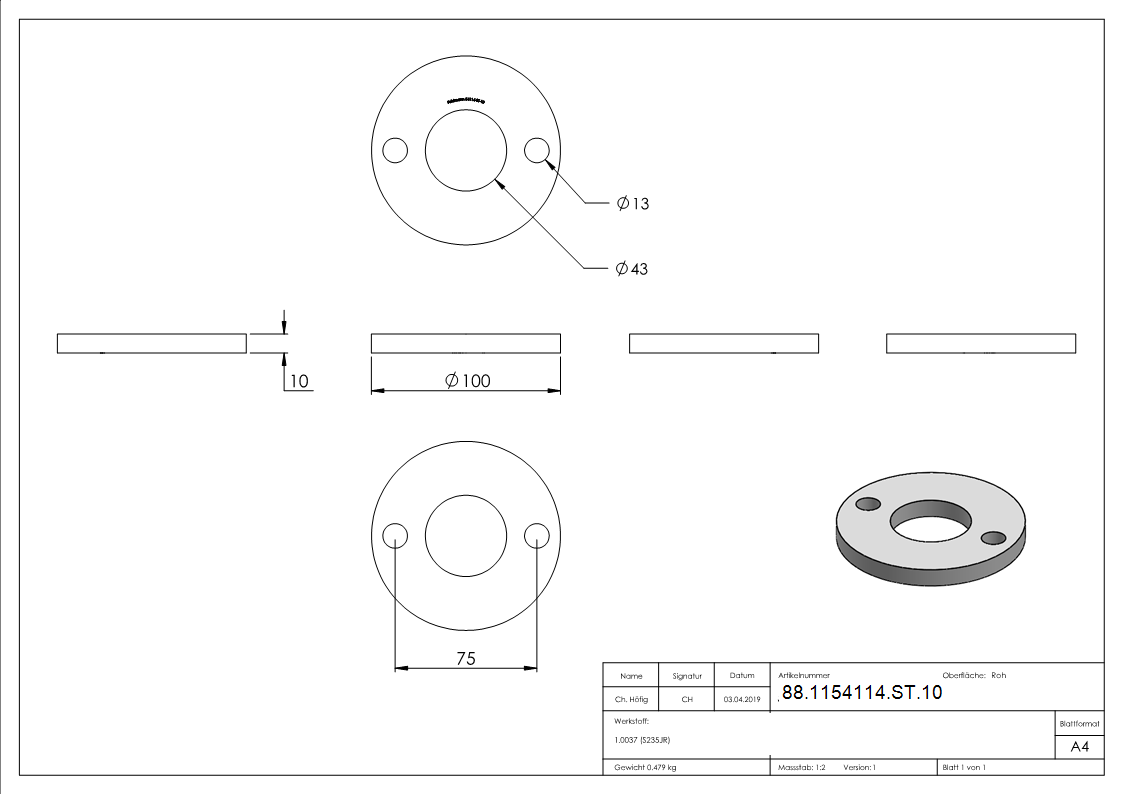 Ankerplatte 100x10 mm 3 Bohrungen |  Stahl roh