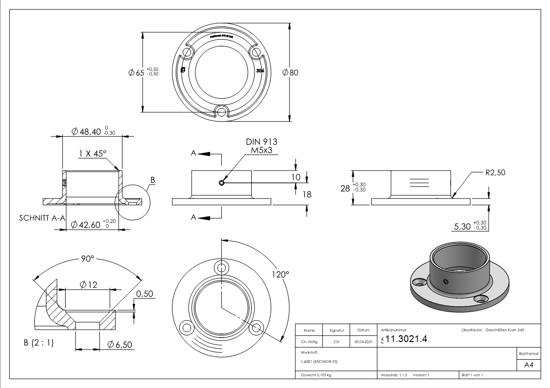 Ankerplatte | Maße: Ø 80 mm | für Rundrohr: Ø 42,4 mm | V2A