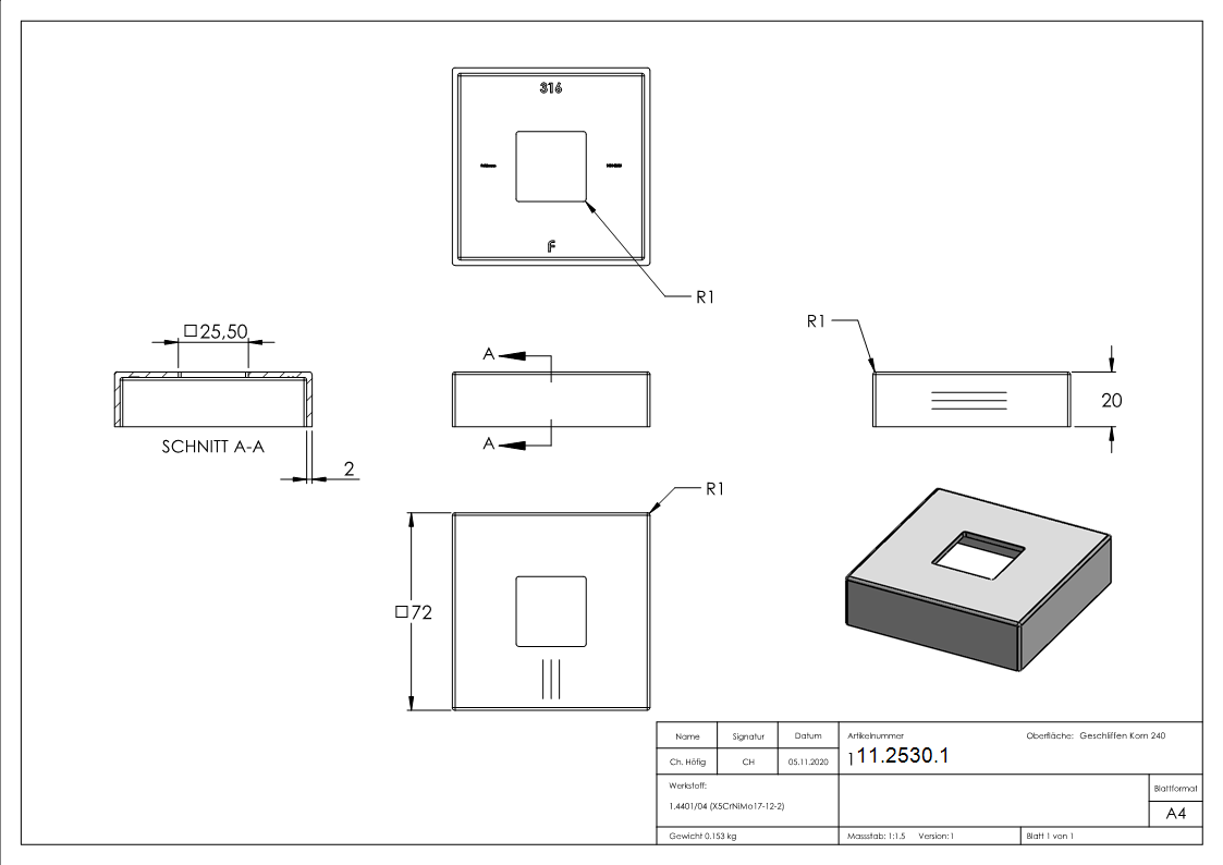 Abdeckrosette 72x72x20 mm für Vierkantrohr: 25x25 mm V4A