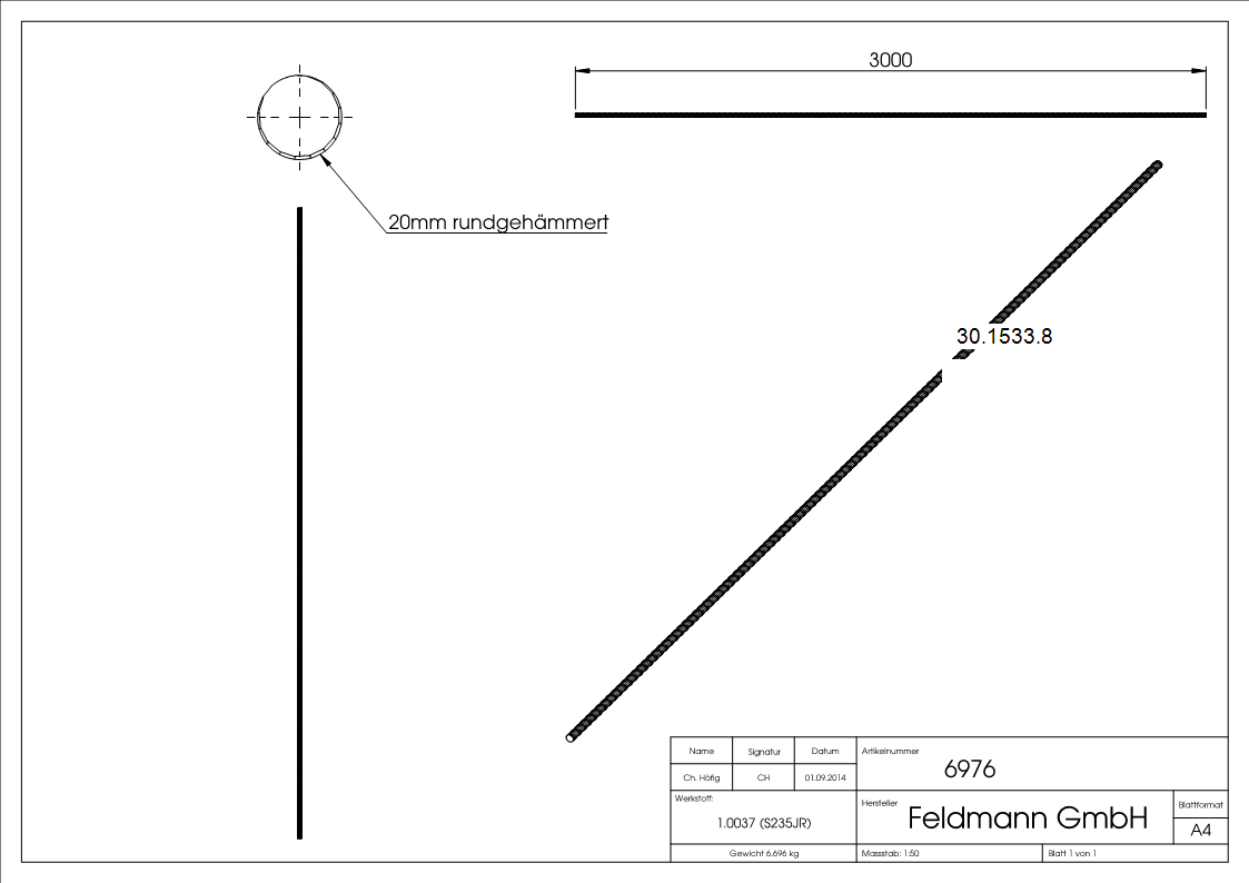 Rundeisen spindelförmig geschmiedet Ø 20 mm Länge: 3000 mm Stahl (Roh) S235JR