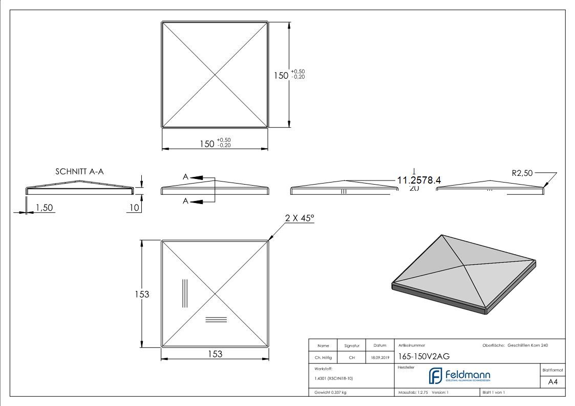 Pfostenkappe | für Vierkantrohr: 150x150 mm | V2A