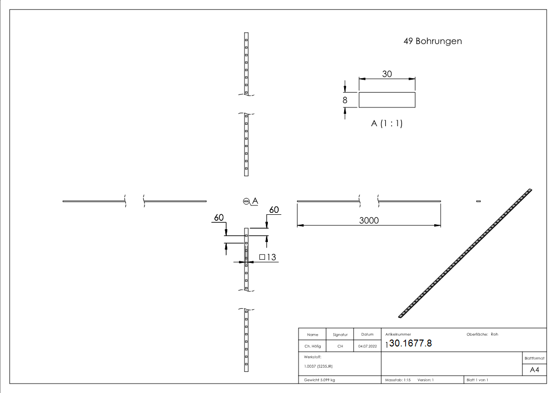 Gestanzte Stange | Maße: 30x8 mm | Länge: 3000 mm | Stahl S235JR, roh