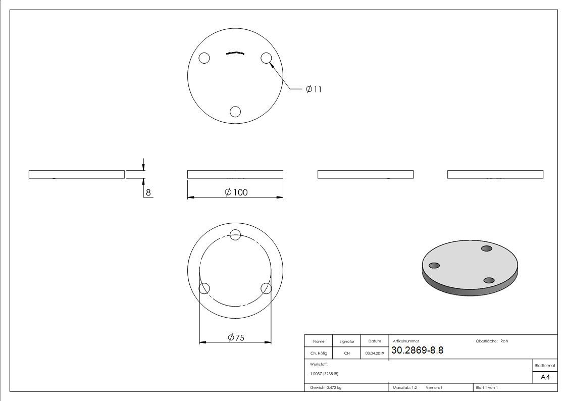 Ankerplatte 100x8 mm 3 Bohrungen |  Stahl roh