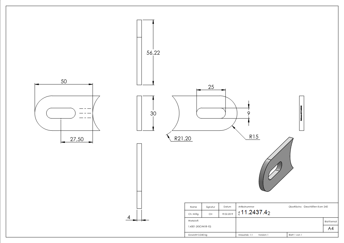 Anschweißlasche | Maße: 50x30x4 mm | mit Langloch: Ø 25x9 mm | V2A