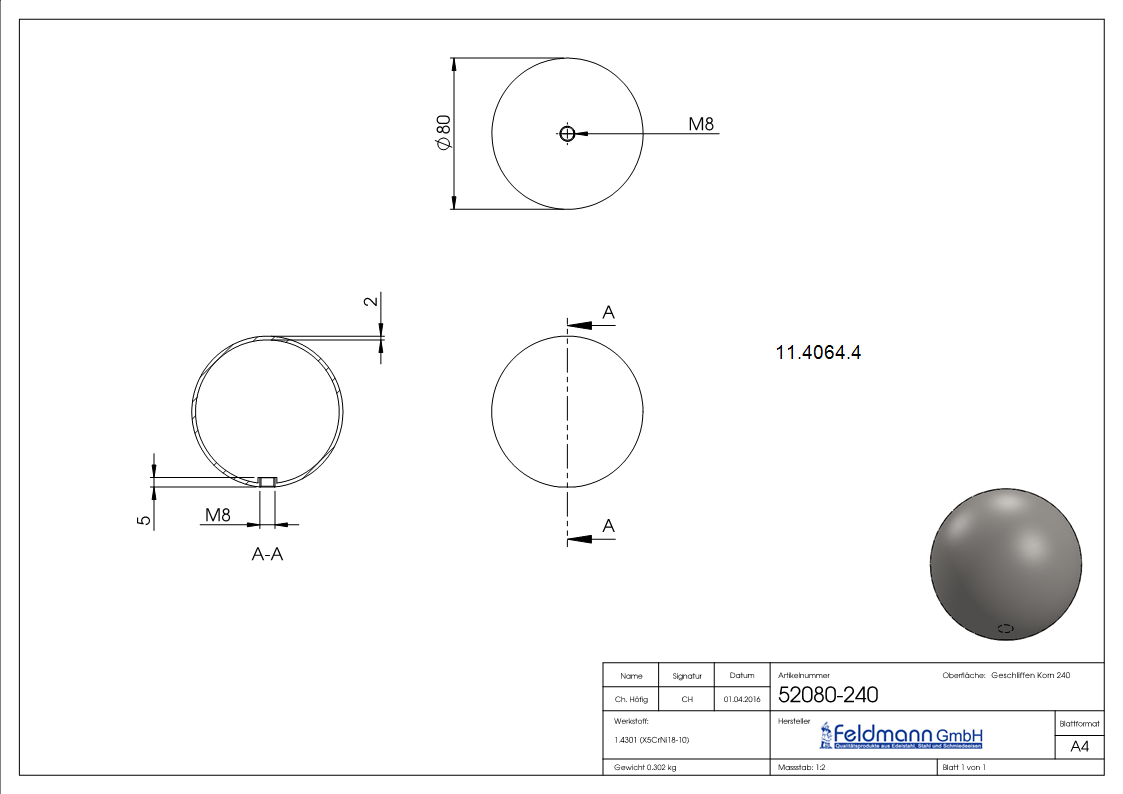 Hohlkugel Ø 80 mm mit Gewinde M8 V2A