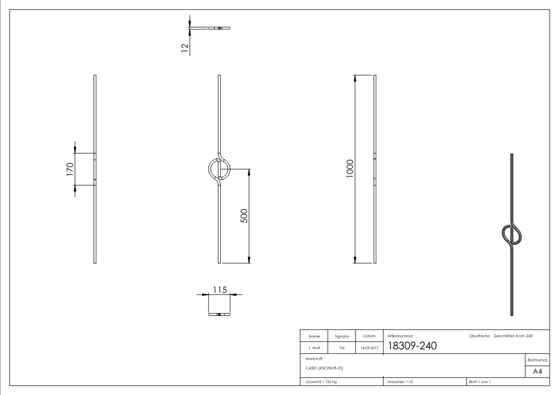 Designstab Ornament  mittig aus 12mm V2A-Rundmaterial, 1000mm Länge