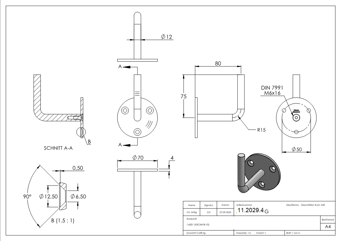 Handlaufhalter mit Ronde 70x4 mm zum Anschweißen V2A