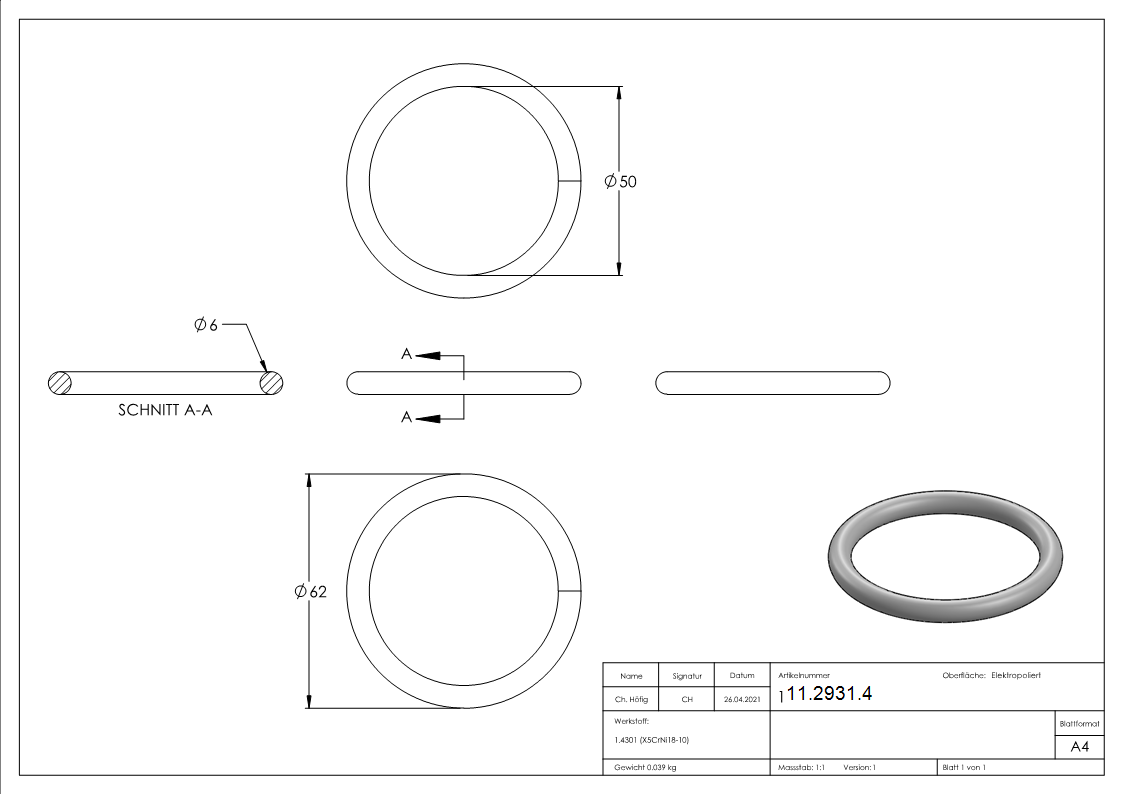 Ring | Außen-Ø: 62 mm | Materialstärke: 6 mm | V2A