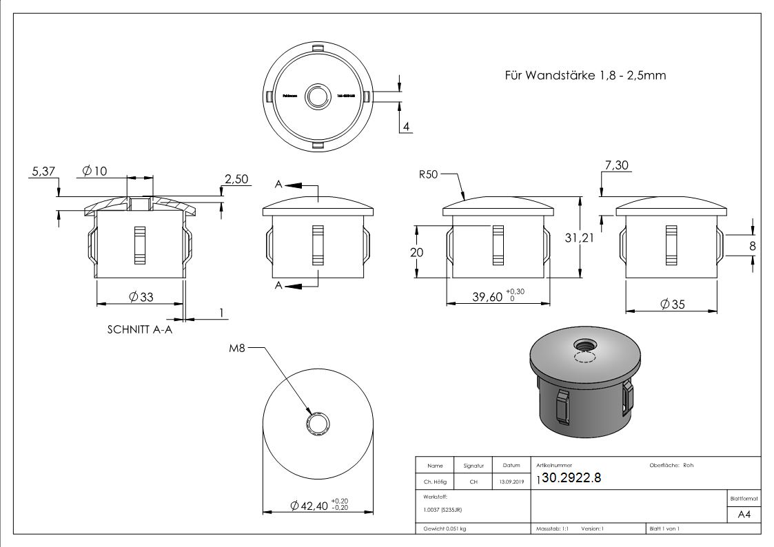 Stahlstopfen | leicht gewölbt | mit M8 | für Rundrohr Ø 42,4x1,8-2,2 mm | Stahl S235JR, roh