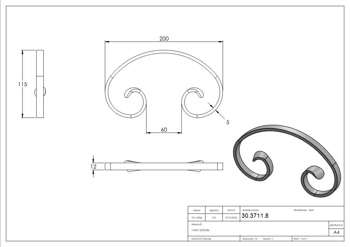 C-Schnecke | Maße: 115x200 mm | Material: 12x5 mm | Stahl S235JR, roh