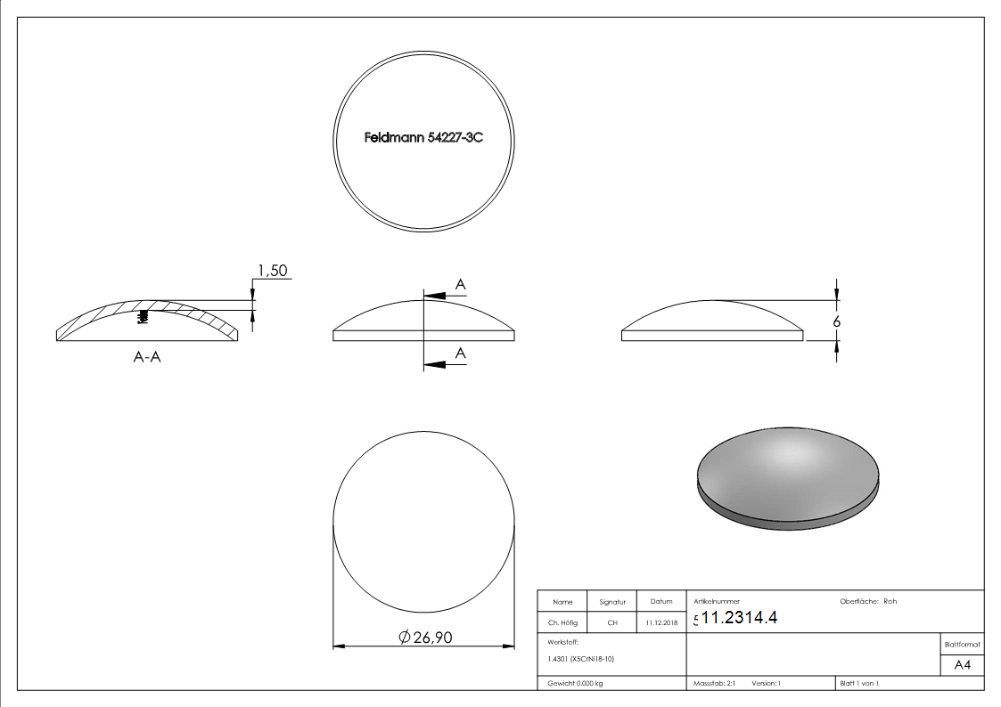 Klöpperboden | Ø 26,9 mm | gewölbt | ungeschliffen | V2A