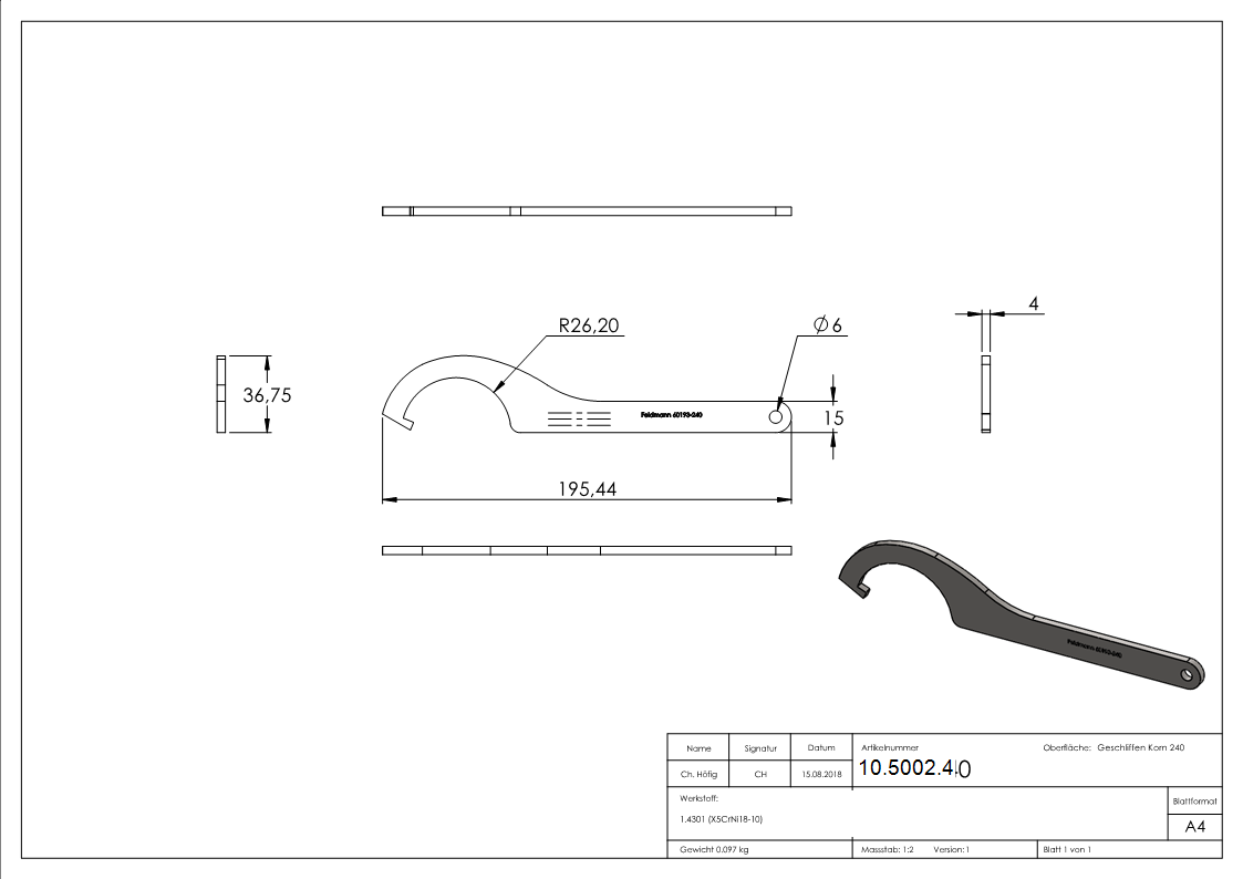 Hakenschlüssel für Glas-Punkthalter Ø 52 mm