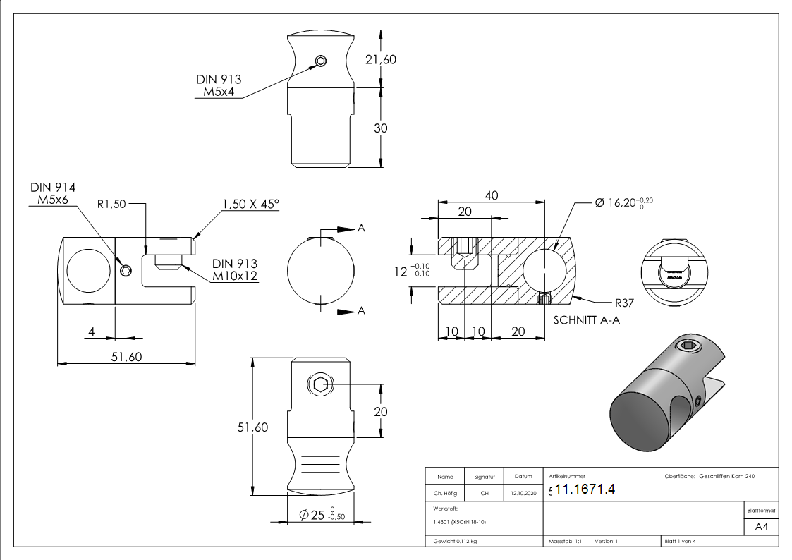 Querstab-Plattenhalter Ø 25 mm mit Bohrung 16,2 mm