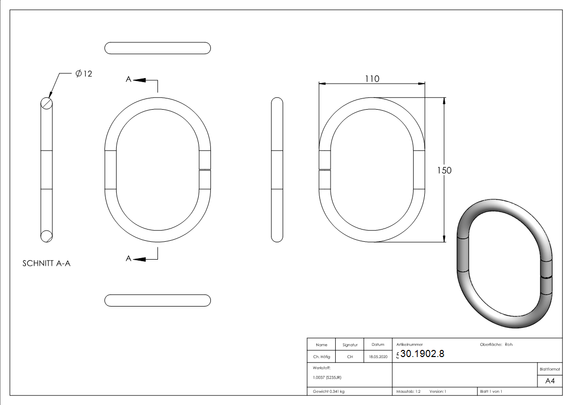 Ring | oval | Material: 12 mm | Außen-Ø: 150x110 mm | Stahl S235JR, roh