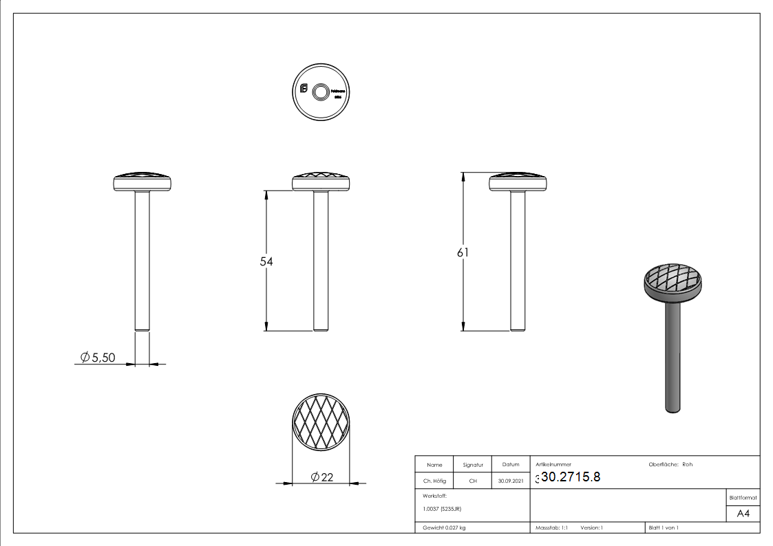 Kugelkopfbolzen Ø 5/20 mm | schwere Ausführung | Stahl S235JR, roh