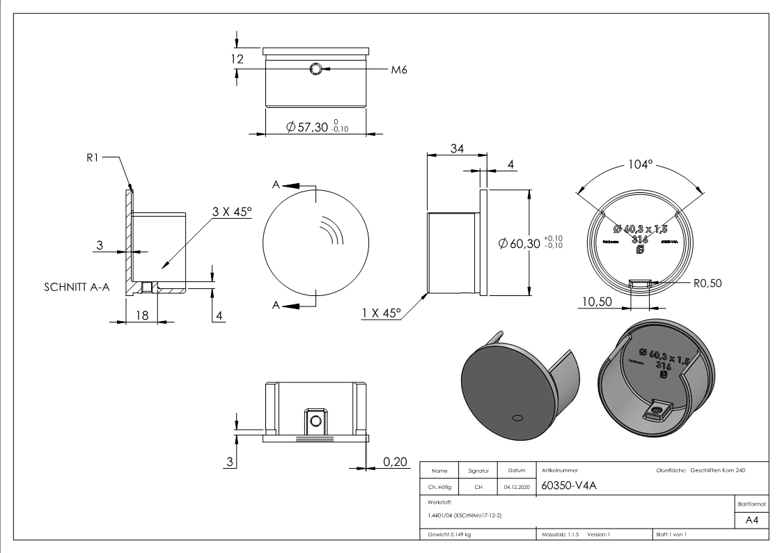 Endkappe für Nutrohr 60,3 x 1,5mm, V4A