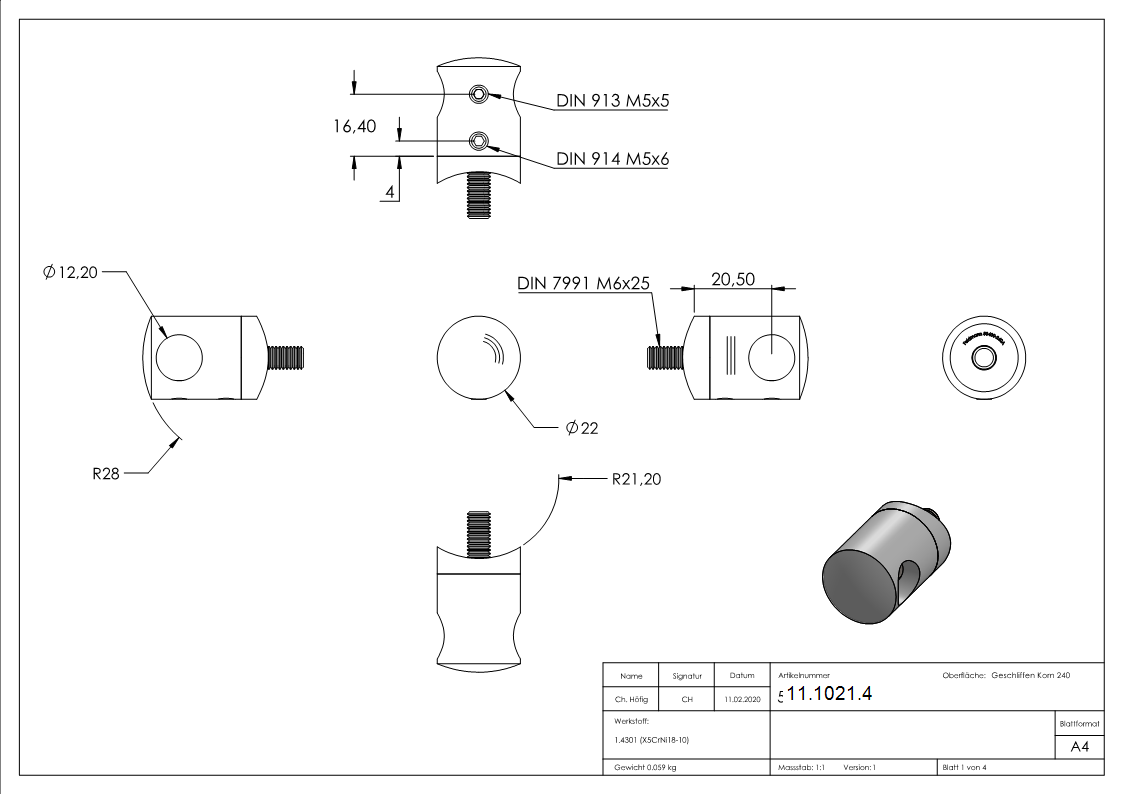 Querstabhalter Ø 22 mm | Anschluss: 42,4 mm | mit Bohrung: 12,2 mm | V2A