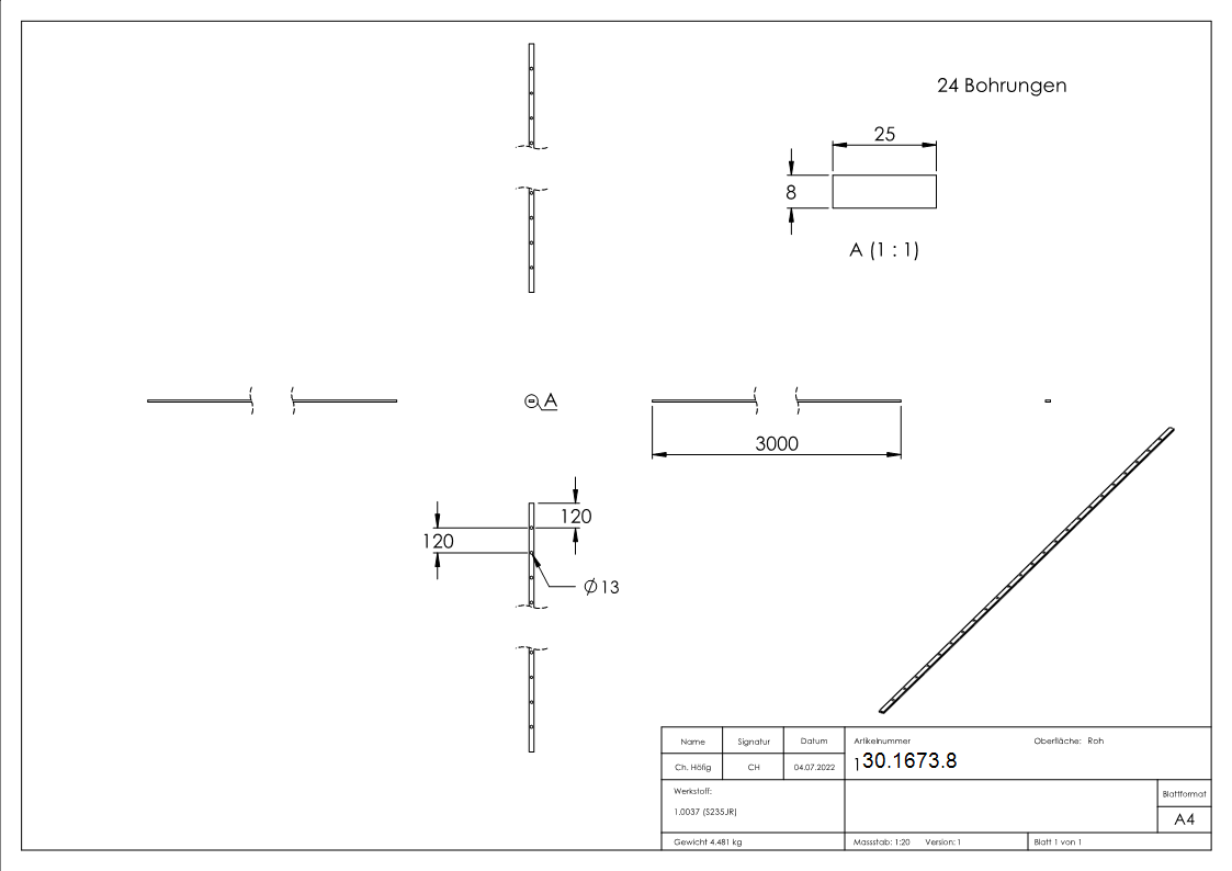 Flacheisen gelocht | Länge: 3000 mm | 24 Lochungen | Stahl (Roh) S235JR