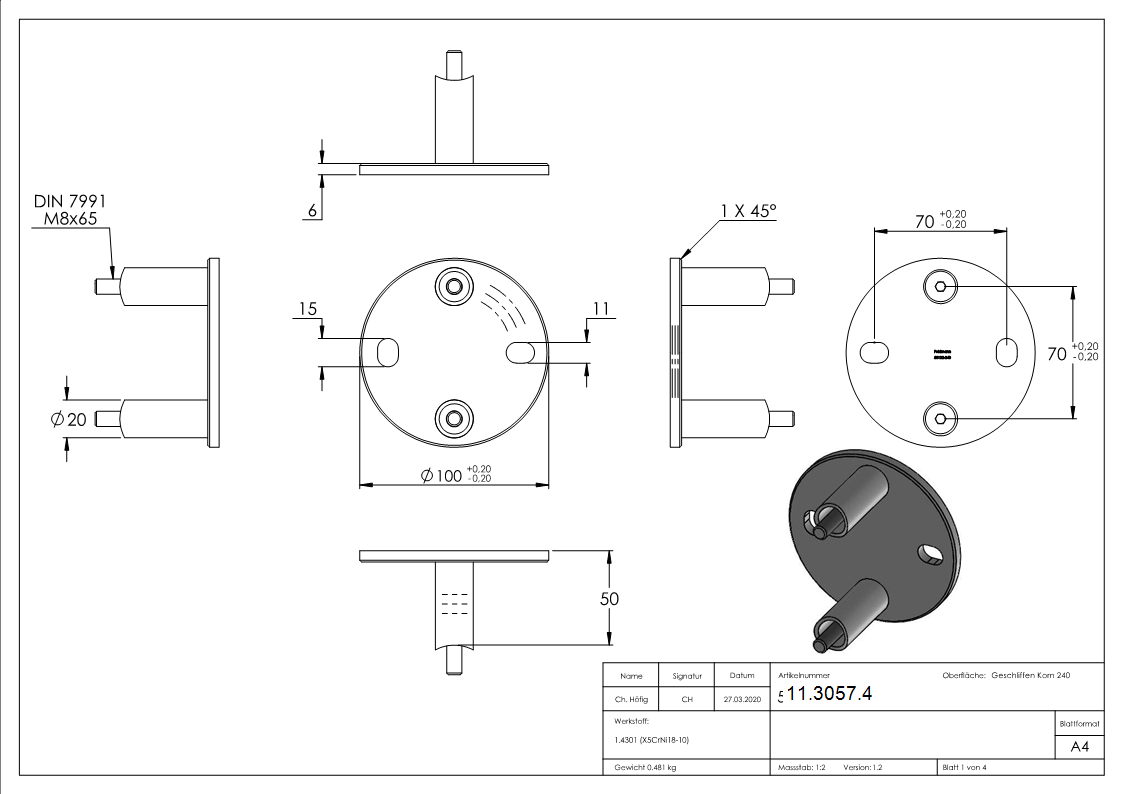 Wandbefestigung für Rundrohr Ø 42,4 mm V2A