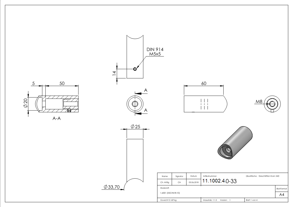 V2A Rohrabstandshalter für Stoßgriffe für Ø 33,7 mm