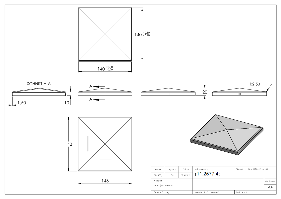 Pfostenkappe | für Vierkantrohr: 140x140 mm | V2A