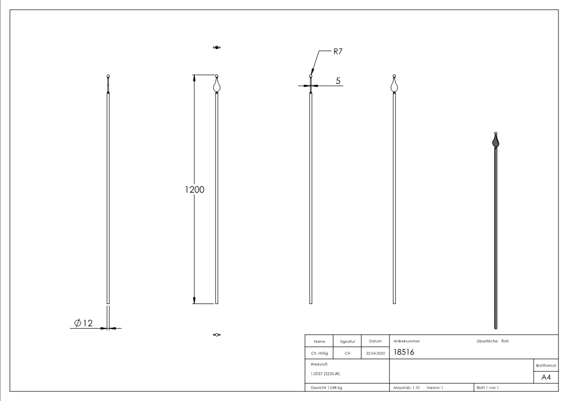 Zaunstab | Länge: 1200 mm | Material Ø 12 mm + Spitze mit Kugel | Stahl S235JR, roh