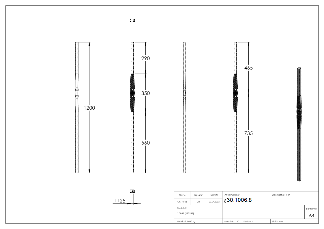 Anfangsstab | Pfosten | Länge: 1200 mm | Material: 25x25 mm | Stahl S235JR, roh