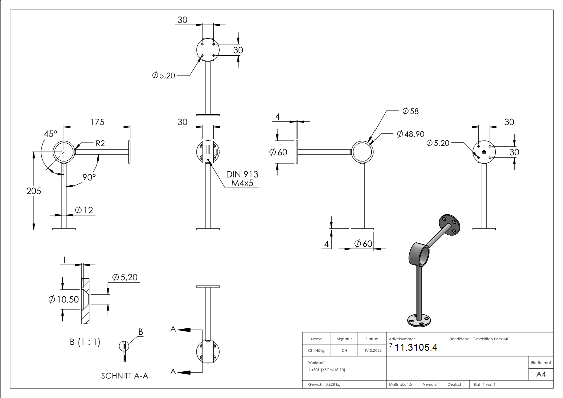 Fußlaufstütze für Ø 48,3 mm V2A