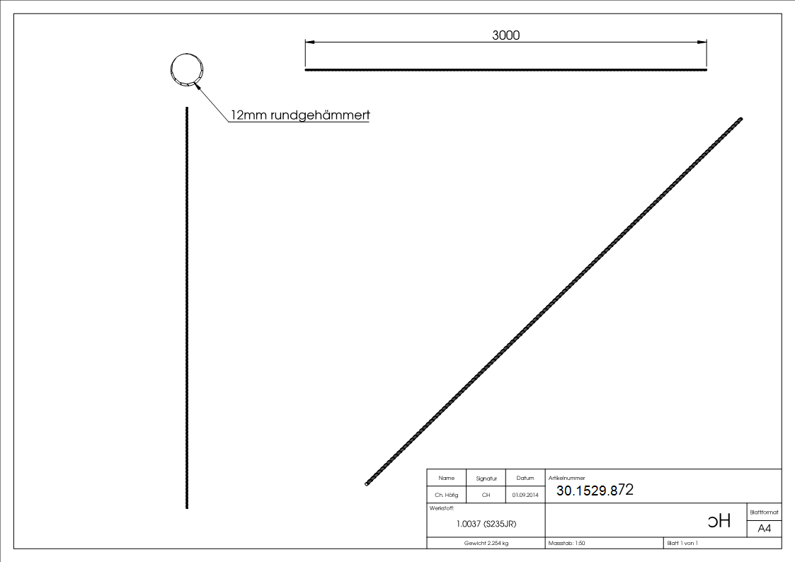 Rundeisen | Material: Ø 12 mm | Länge: 3000 mm | Stahl (Roh) S235JR