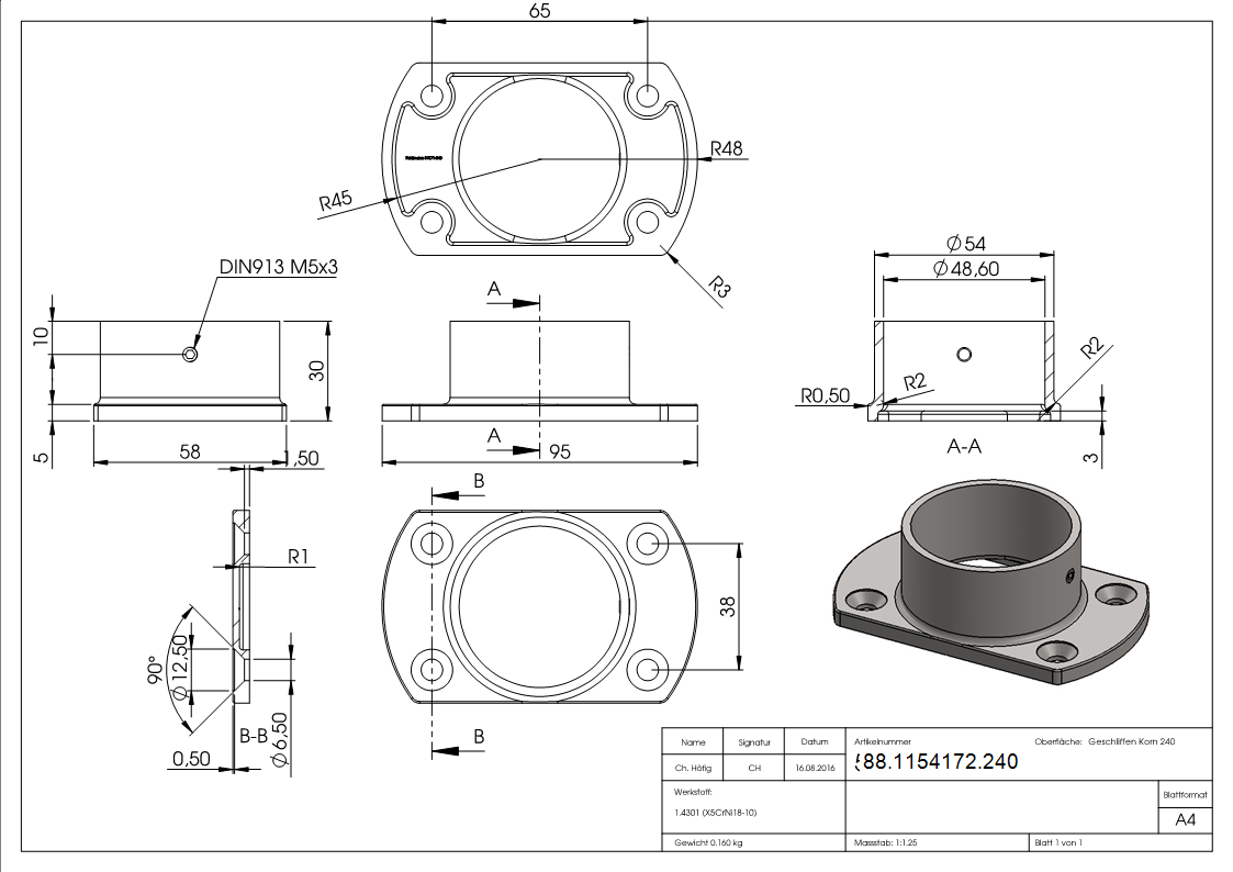 Bodenanker für Rohr 48,3mm, V2A