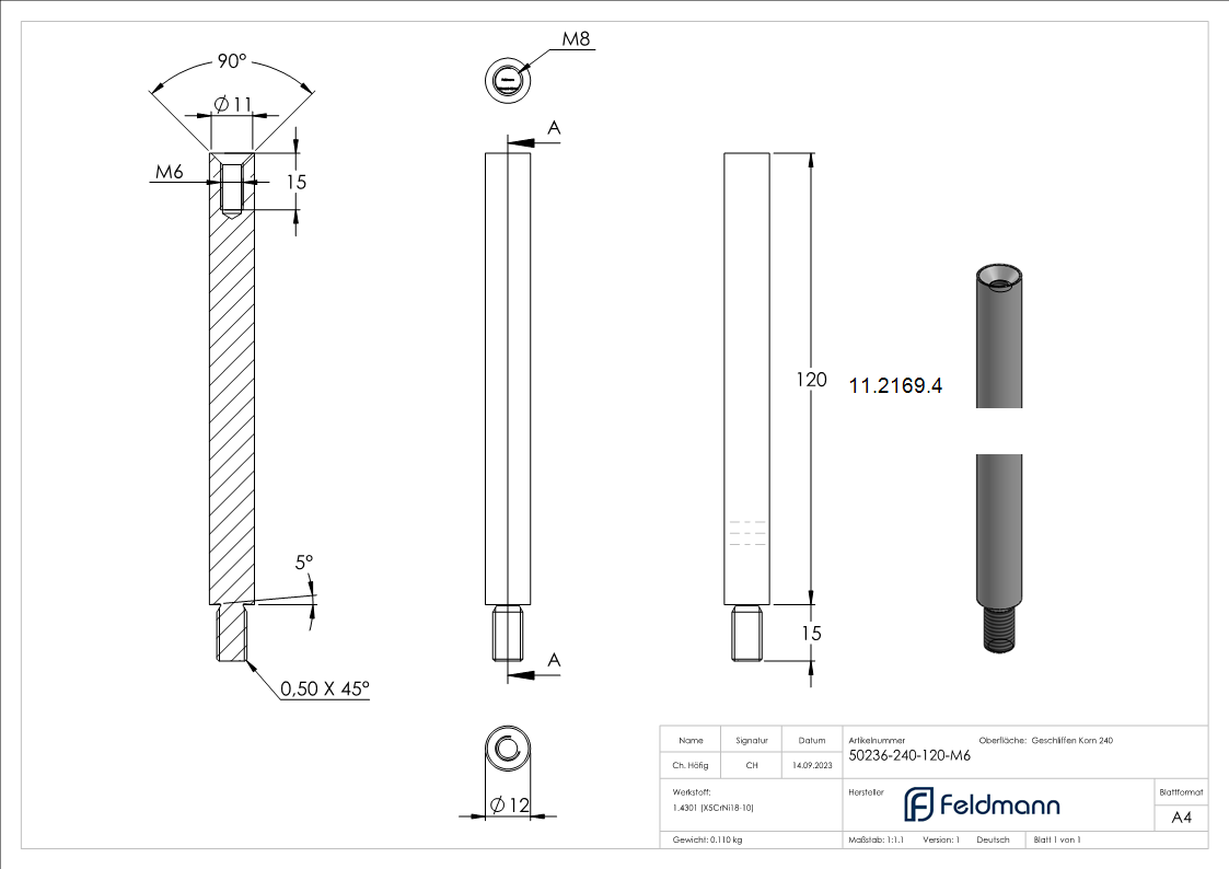Stift | Maße: 120x12 mm | mit Außen - und Innengewinde | V2A