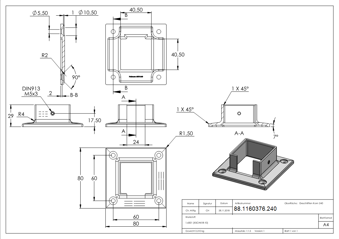 Wandbefestigung für Nutrohr 40x40mm, V2A