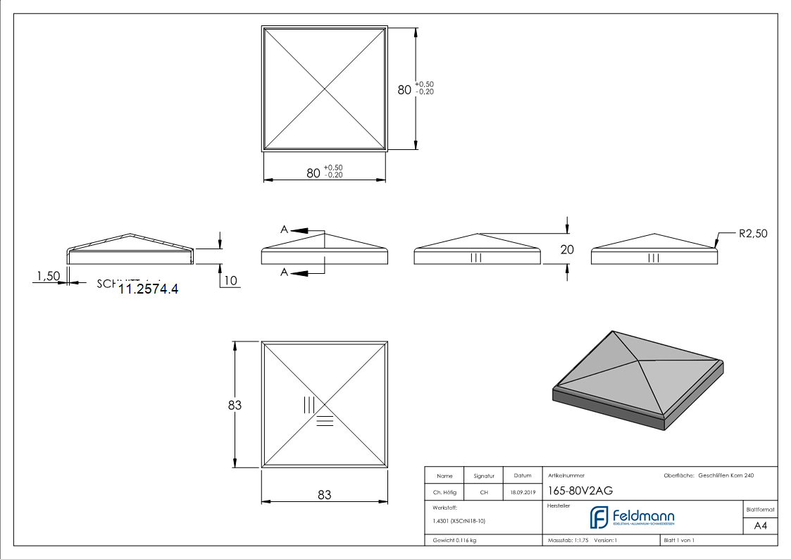 Pfostenkappe | für Vierkantrohr: 80x80 mm | V2A