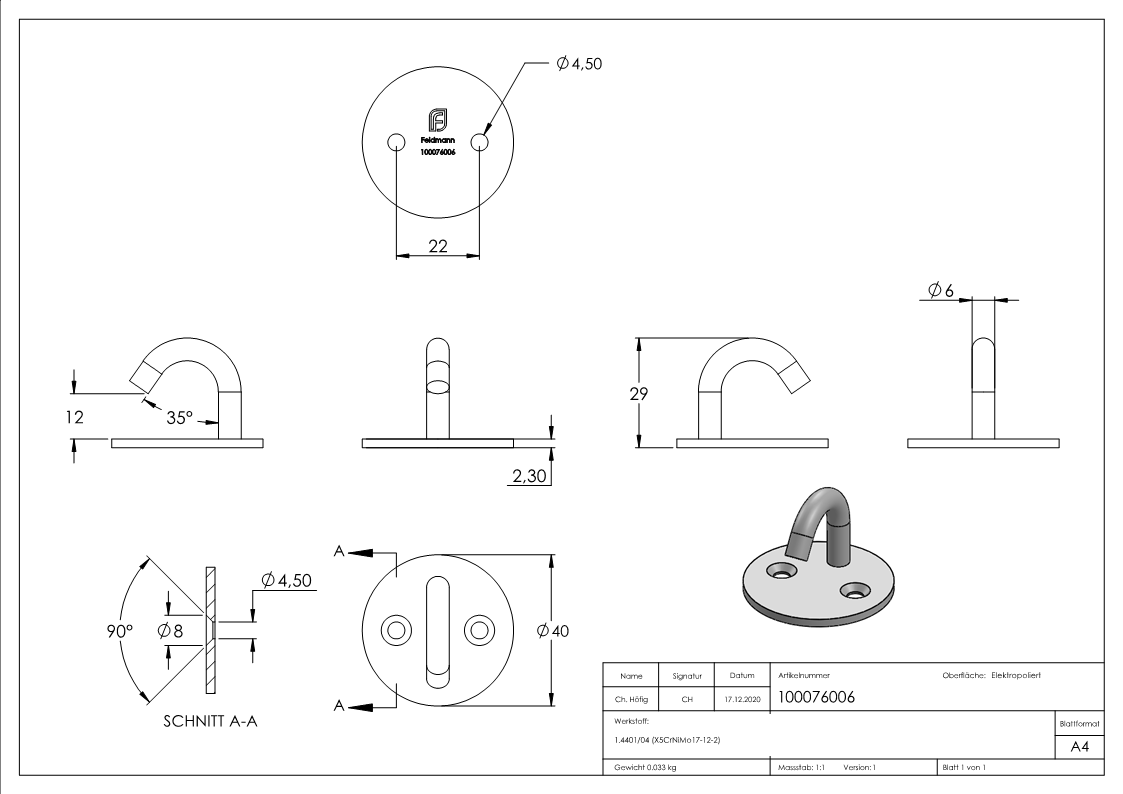 Befestigungsöse/Haken mit runder Platte V4A