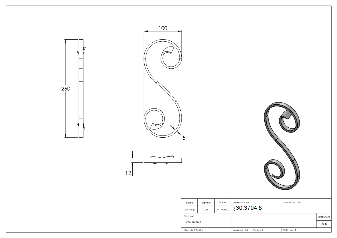 S-Schnecke | Maße: 260x100 mm | Material: 12x5mm | Stahl S235JR, roh