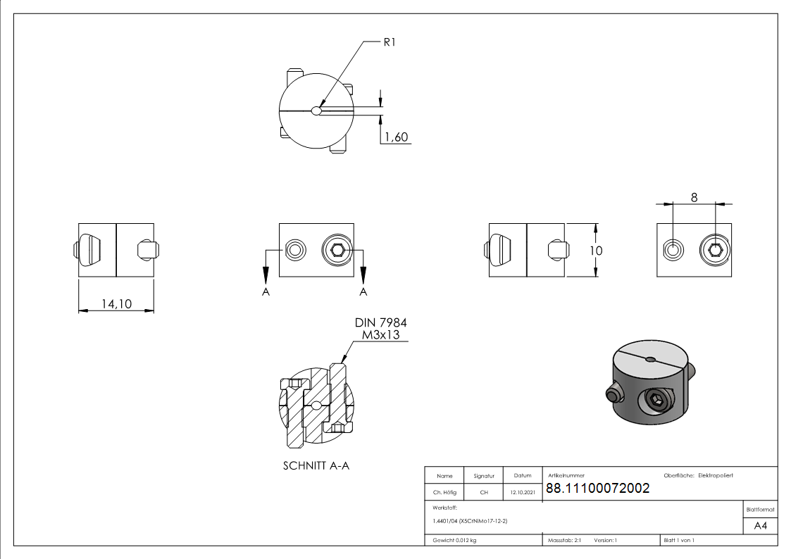 Rundklemme 2-teilig für Seil Ø 2mm, V4A