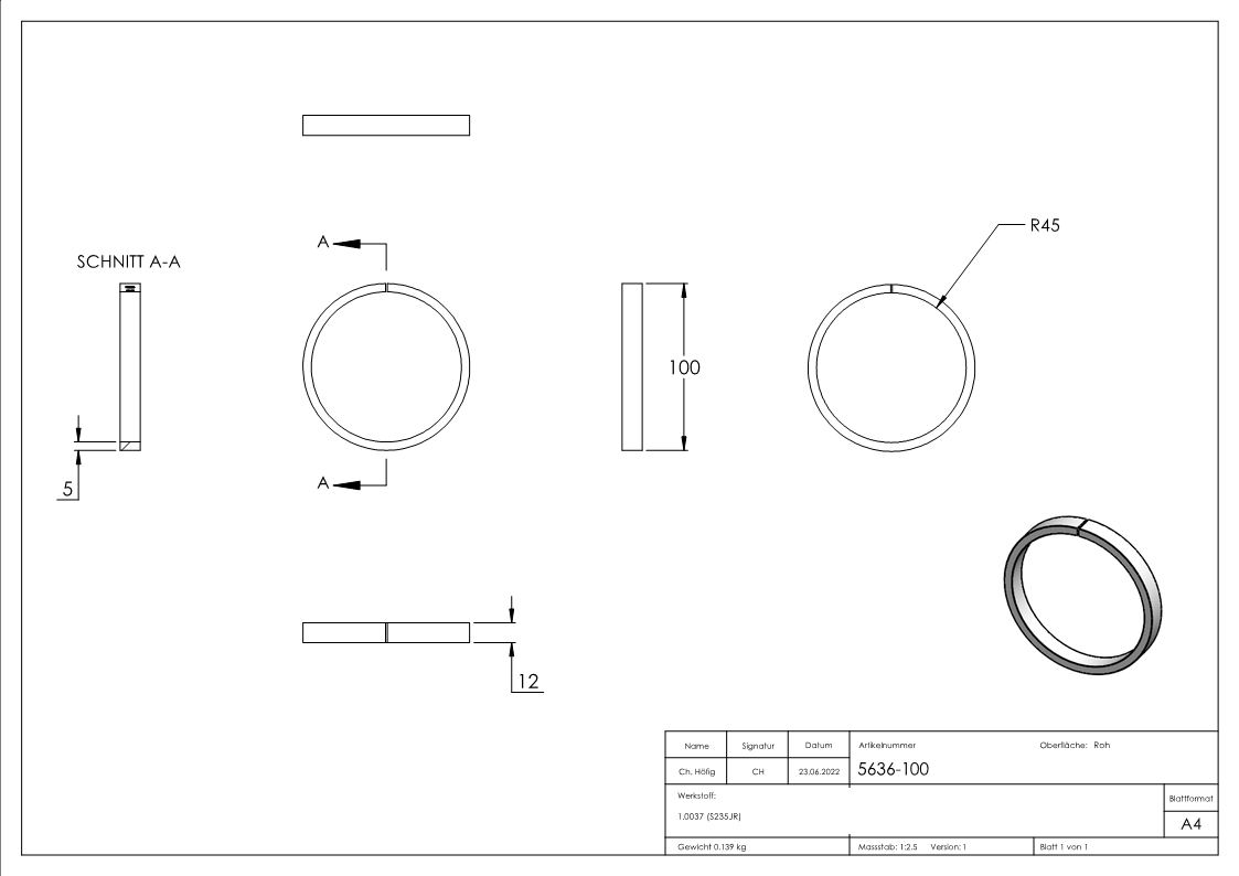 Ring 12x5mm; Außendurchmesser 100mm