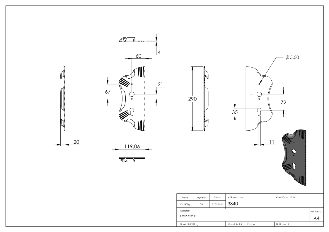 Schlossplatte links | Maße: 120x290x4 mm | Stahl S235JR, roh