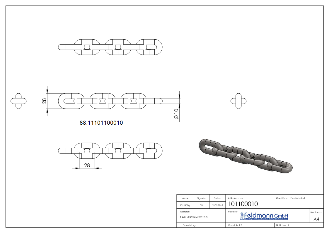 VA-Kette DIN 766, Ø 10mm