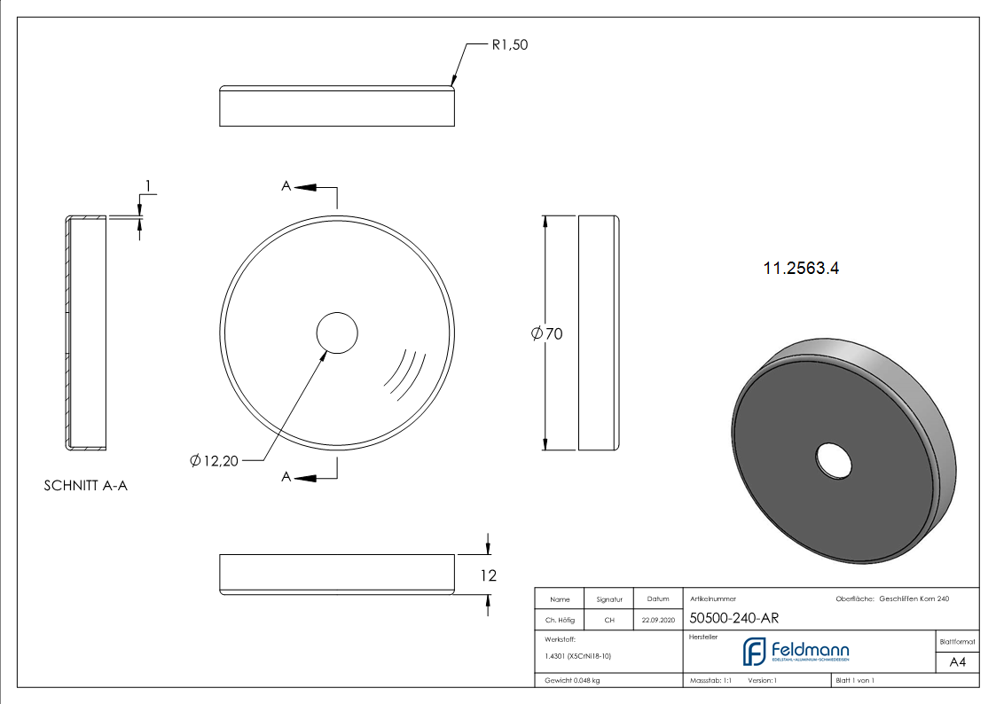 Abdeckrosette Ø 70x12 mm für Rundrohr: Ø 12 mm V2A