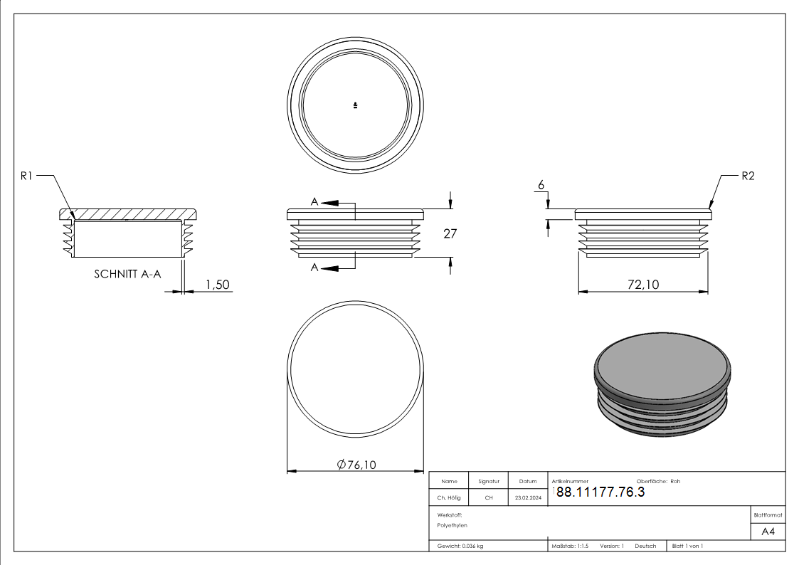 Kunststoffkappe für Rundrohr 76,1mm