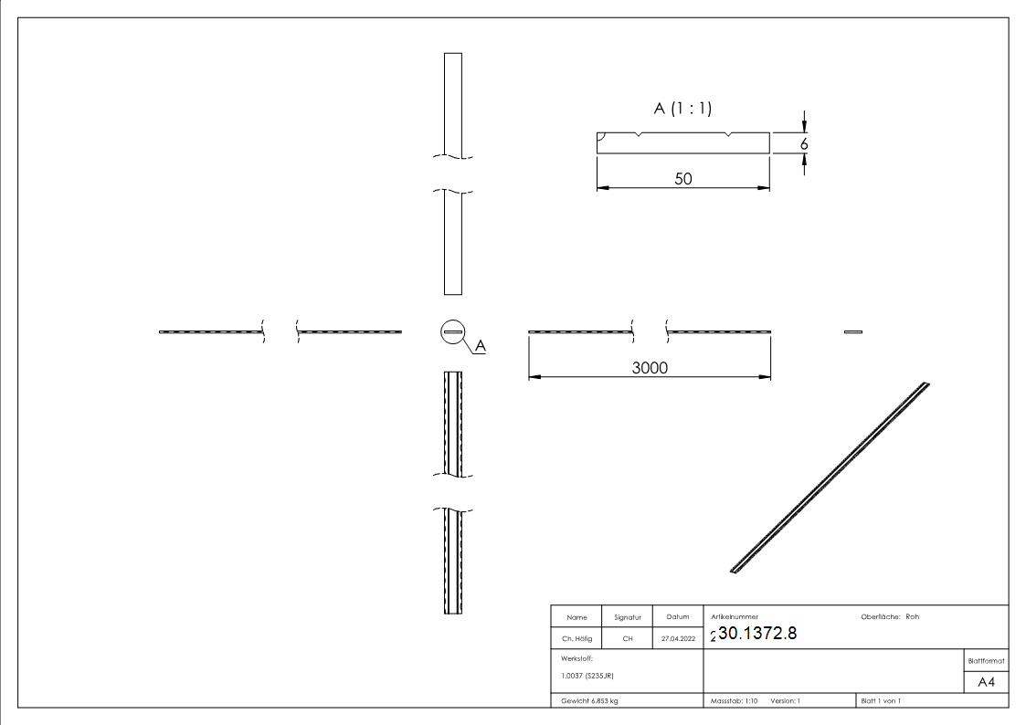 Flacheisen | 2x gerillt | Länge: 3000 mm | Material: 50x6 mm | Stahl (Roh) S235JR